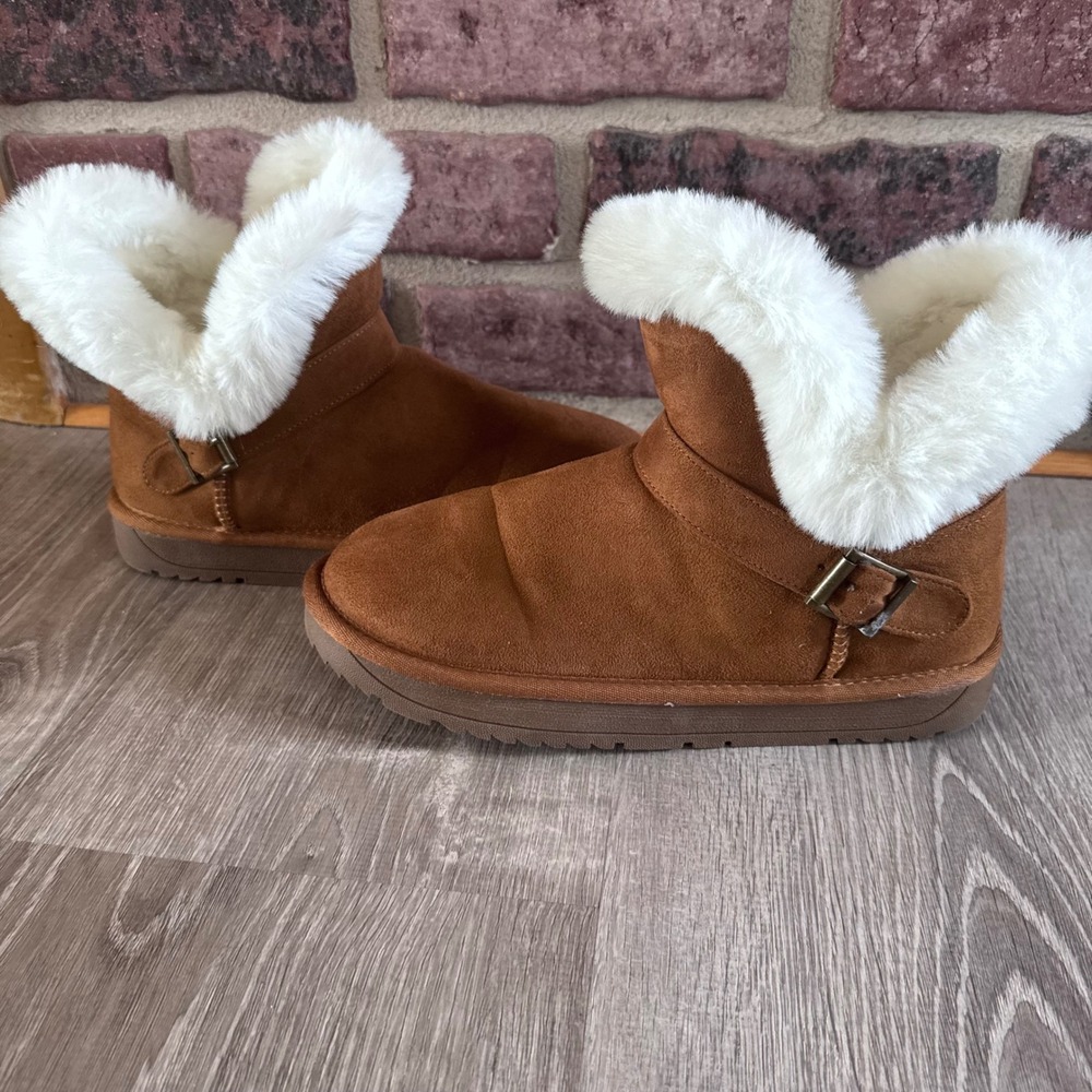 Fur Trim Ankle Boots Jessica Cline Brown Faux Suede Womens 8.5M Cozy Cabin Warm